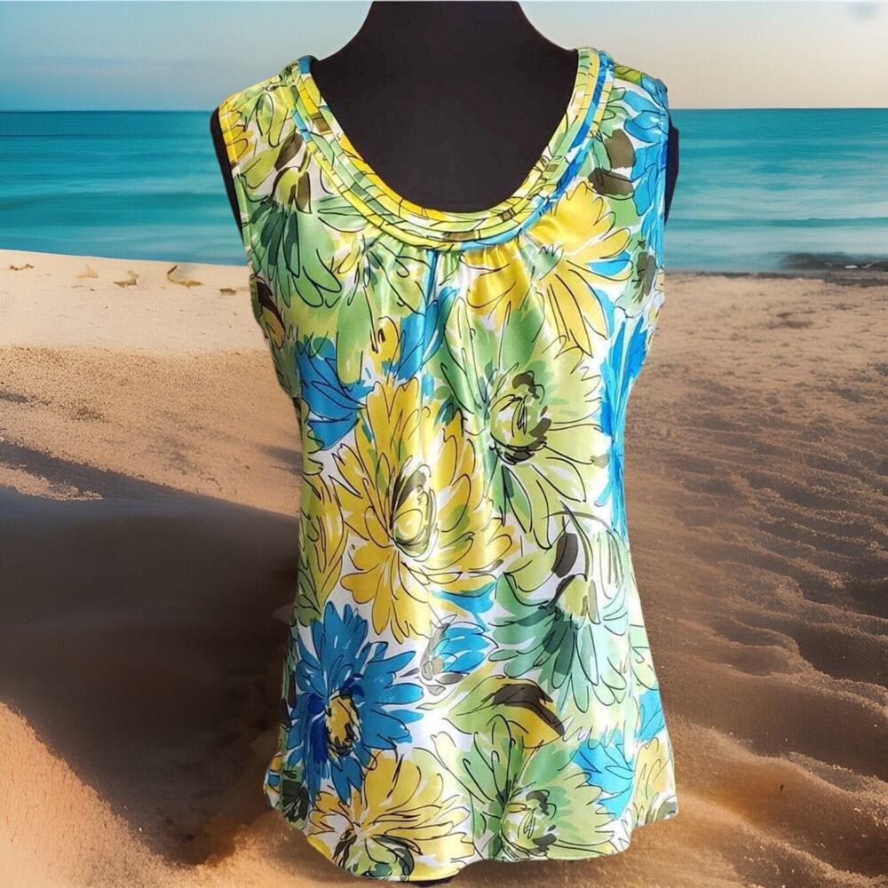 Romantic Sexy Silky yellow tropical Top M Floral Sleeveless Tank Beach Retro